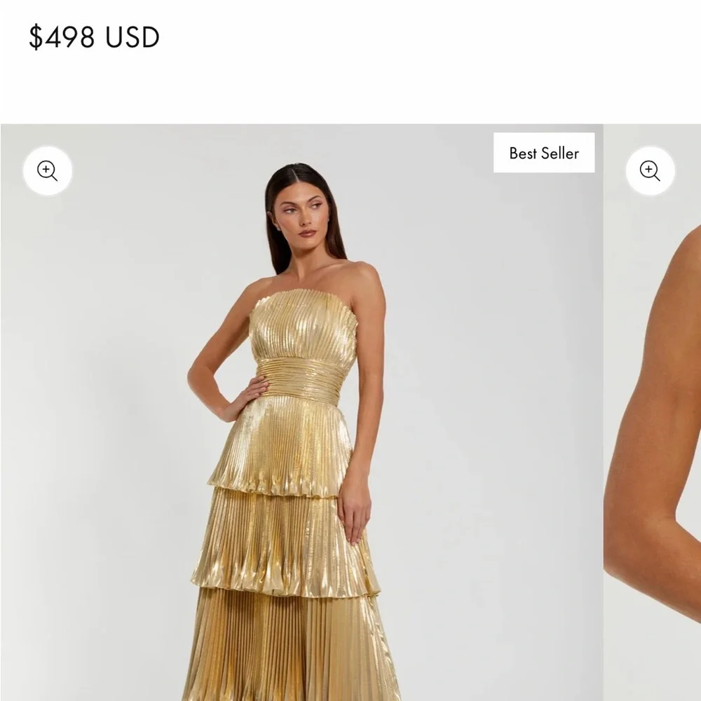 Mac Duggal Metallic Gold Strapless Tiered Pleated Gown - Picture 4 of 6